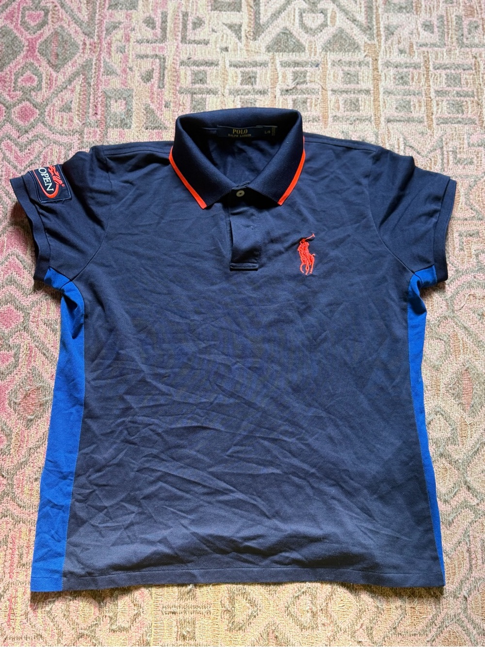 Polo by Ralph Lauren Navy Polo Shirt with Orange Trim and Blue Side Panels